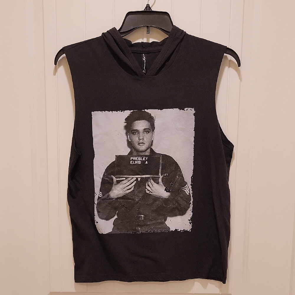 Elvis Presley Mug Shot Sleeveless Hooded  Tshirt Size Large